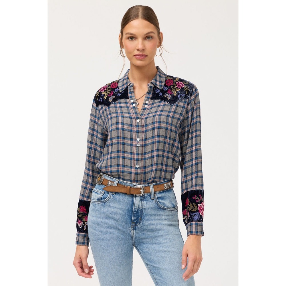 Johnny Was Puff Sleeve Sassiba Western Plaid Silk Blend Shirt Small NEW! $255
